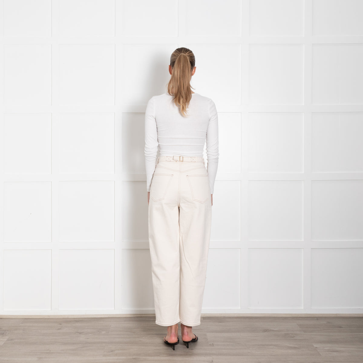 Me + Em Cream Denim Barrel Leg Buckle Detail Jeans