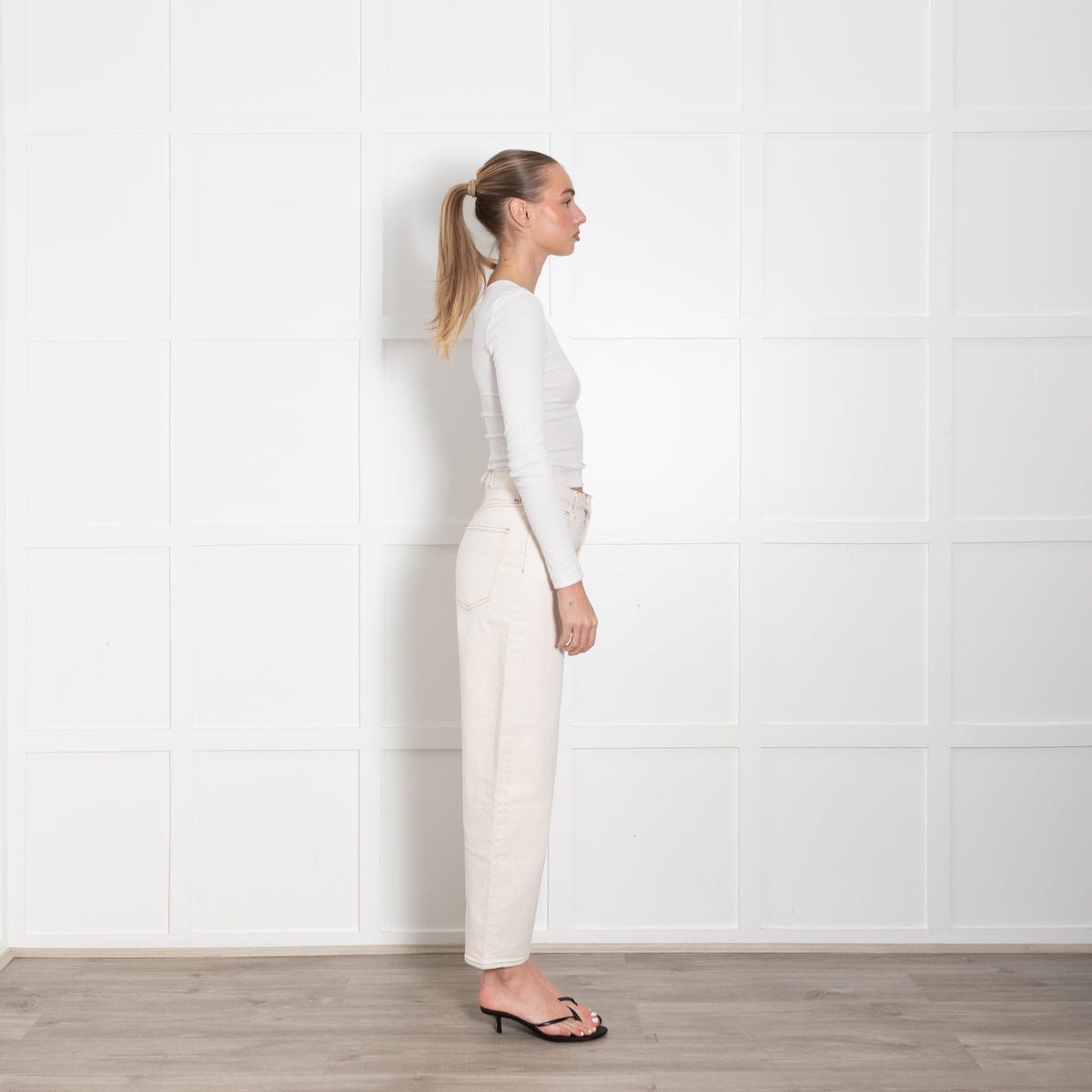 Me + Em Cream Denim Barrel Leg Buckle Detail Jeans