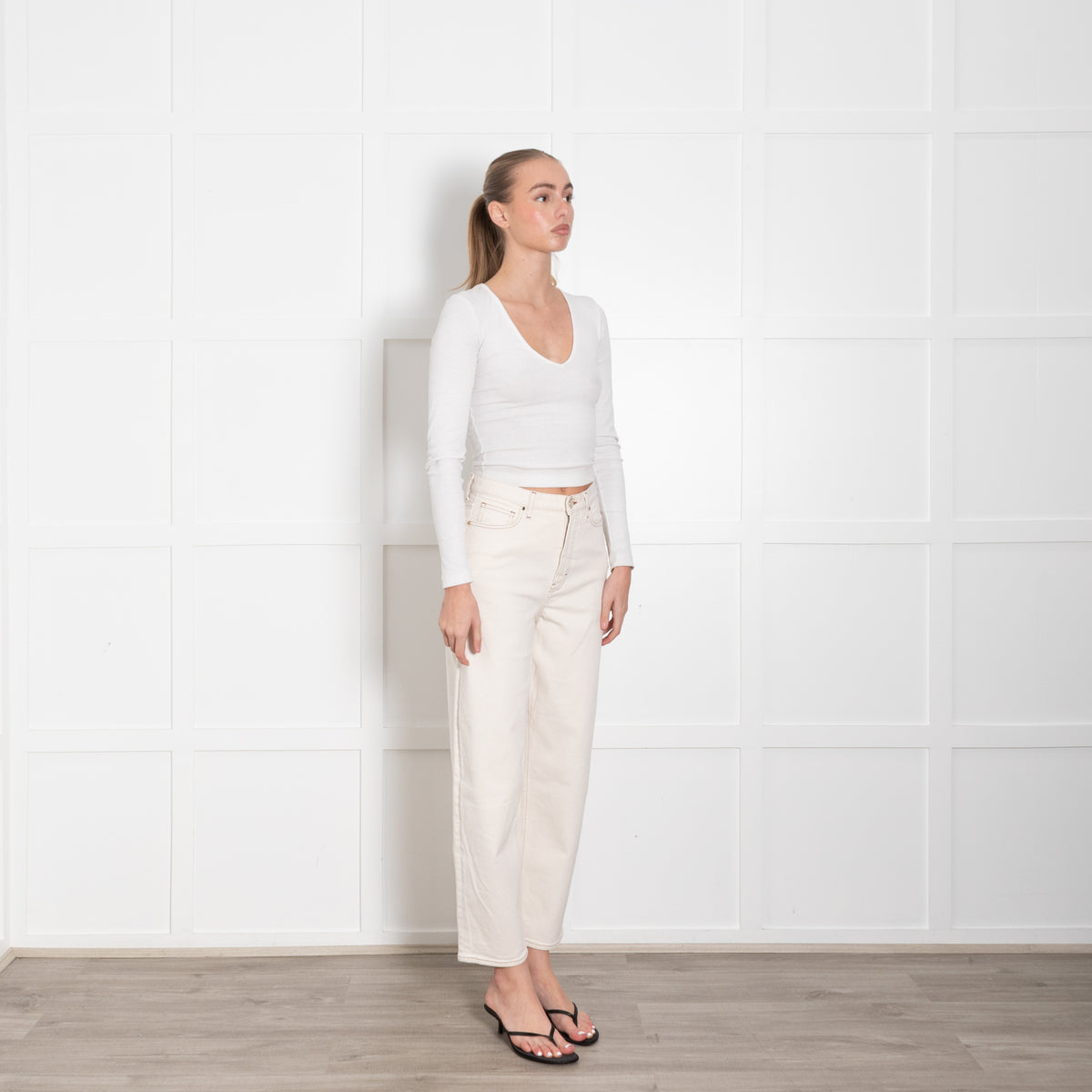 Me + Em Cream Denim Barrel Leg Buckle Detail Jeans