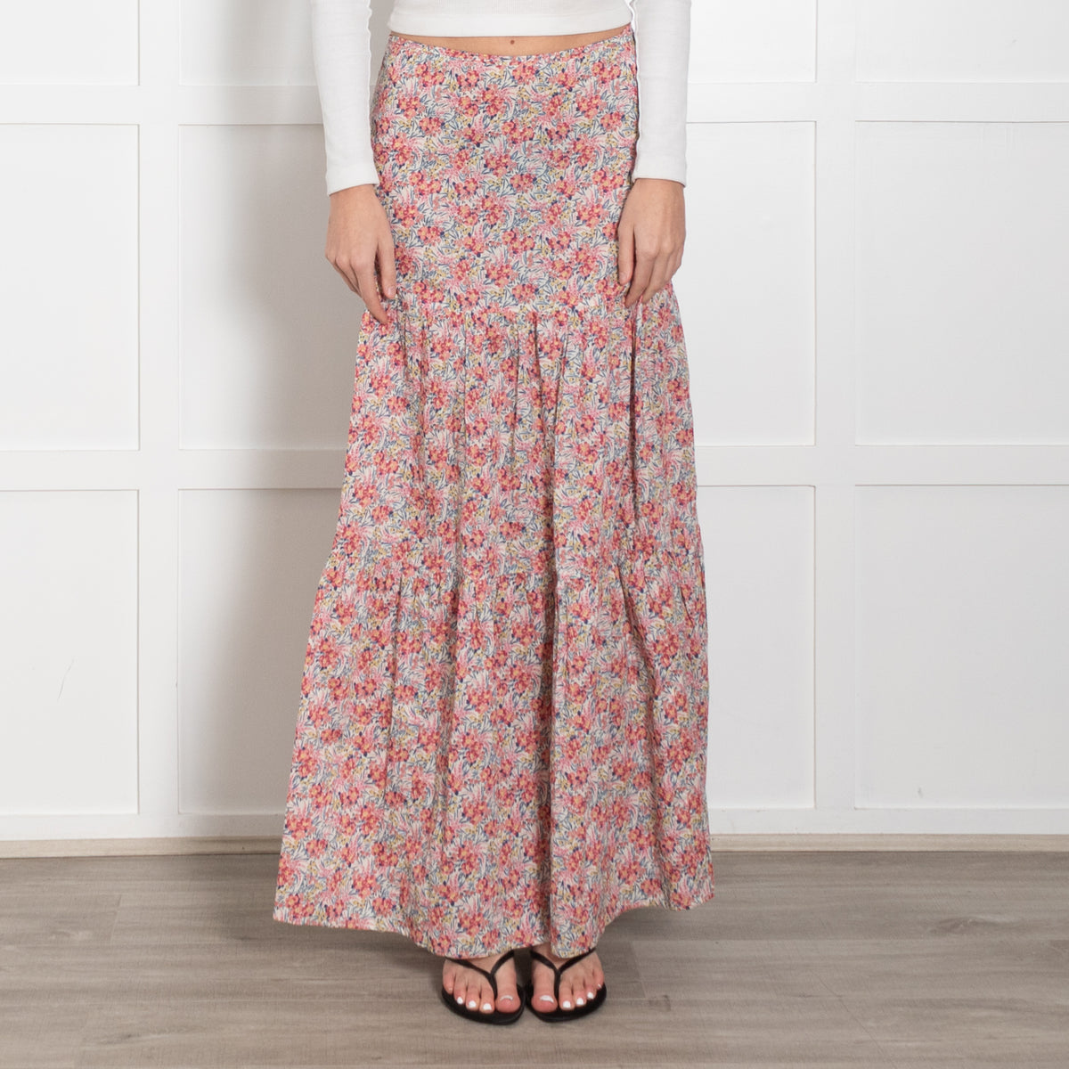 Ridley White Pink Blue Floral Cotton Tiered Maxi Skirt