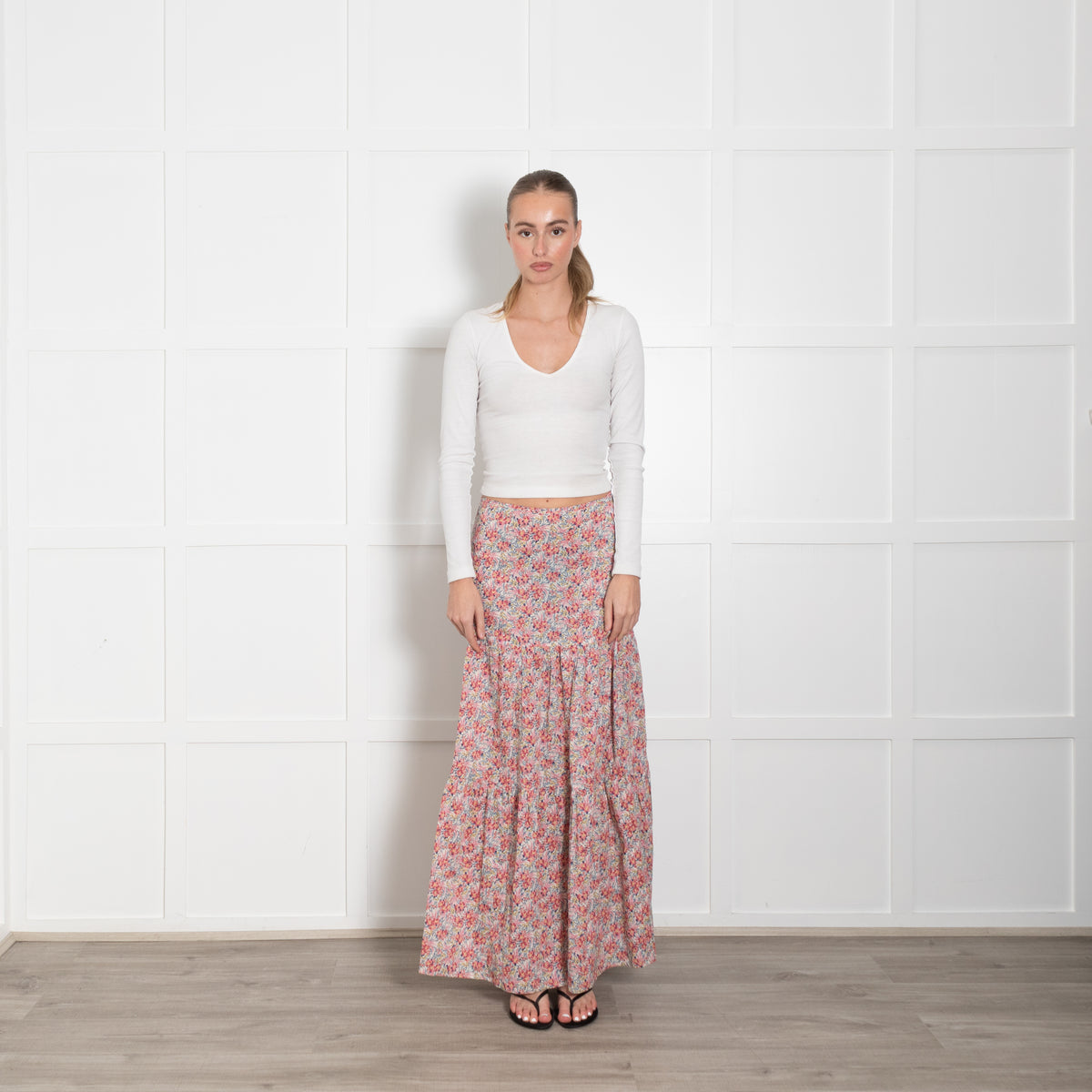 Ridley White Pink Blue Floral Cotton Tiered Maxi Skirt