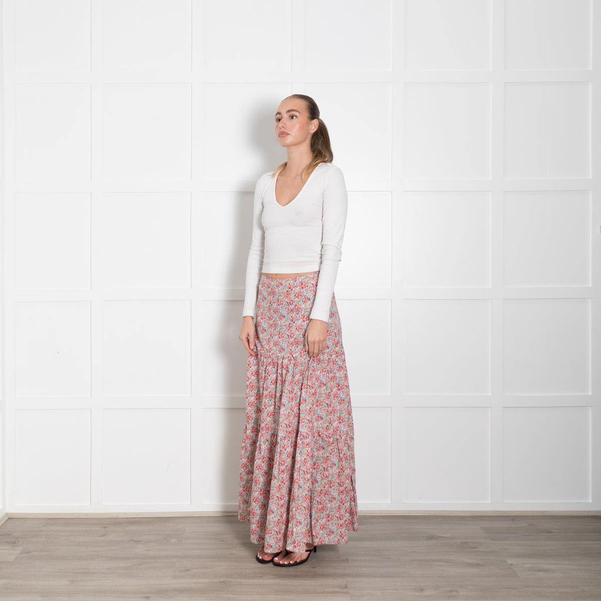 Ridley White Pink Blue Floral Cotton Tiered Maxi Skirt