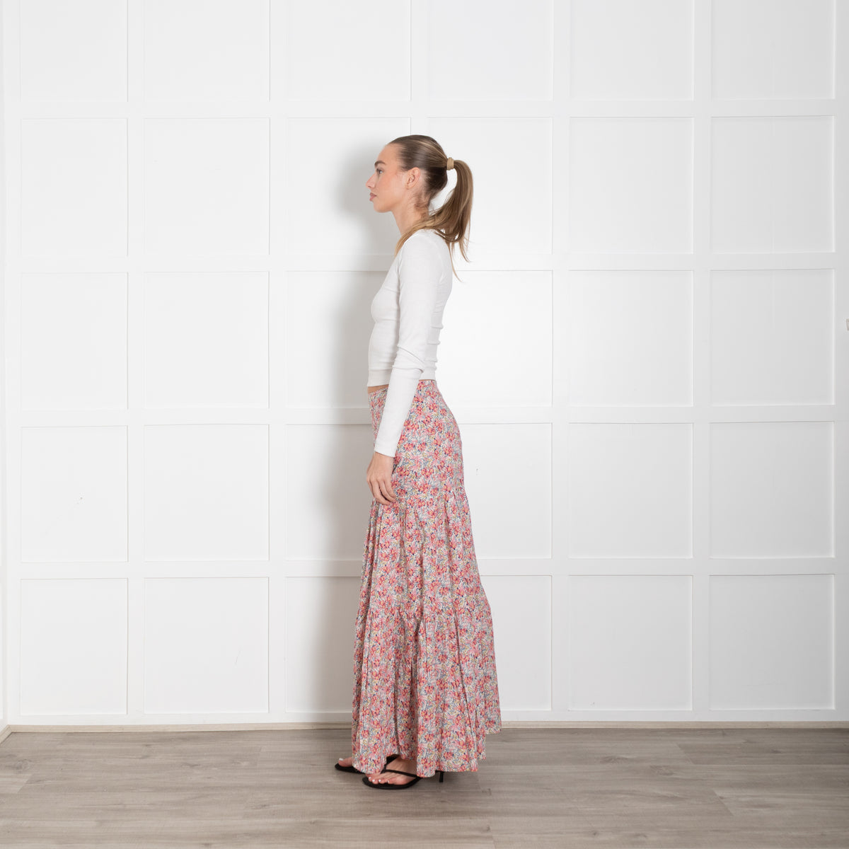 Ridley White Pink Blue Floral Cotton Tiered Maxi Skirt
