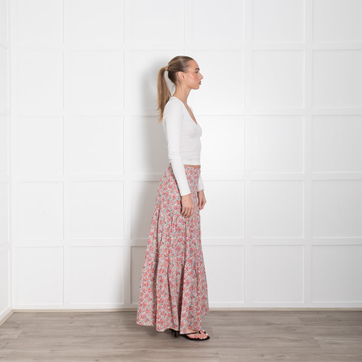 Ridley White Pink Blue Floral Cotton Tiered Maxi Skirt