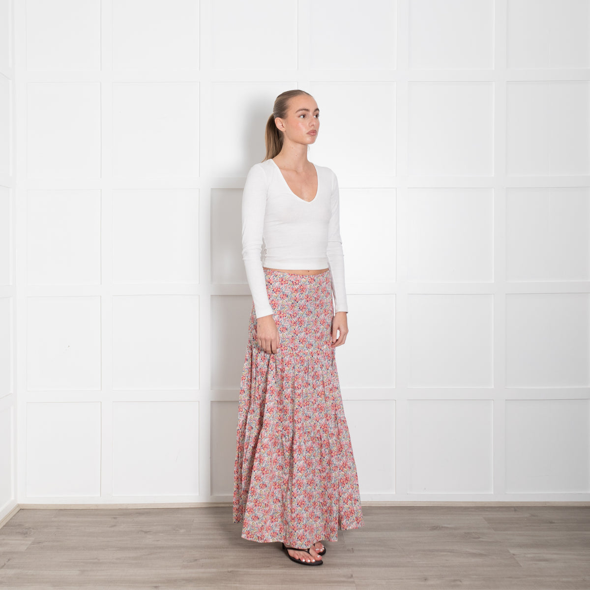 Ridley White Pink Blue Floral Cotton Tiered Maxi Skirt