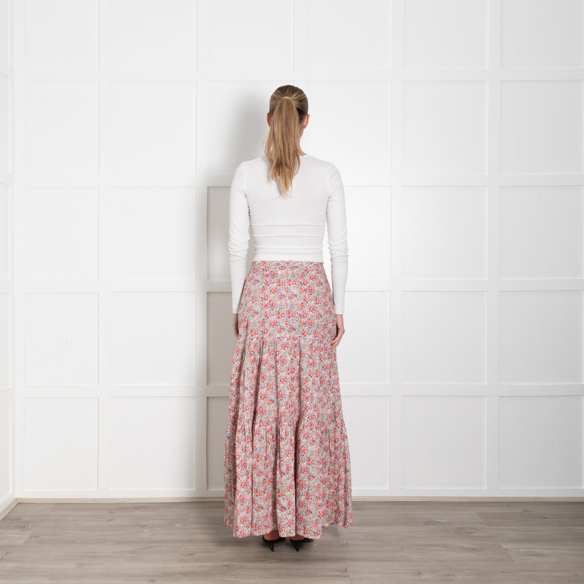 Ridley White Pink Blue Floral Cotton Tiered Maxi Skirt