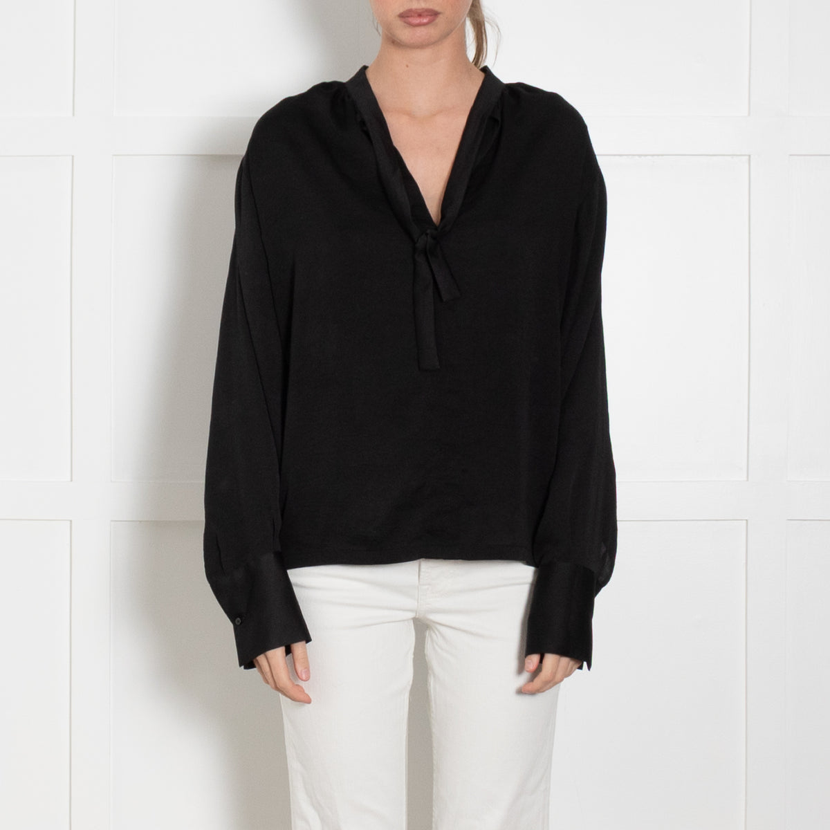 Maje Black L/S Tie Neck Top