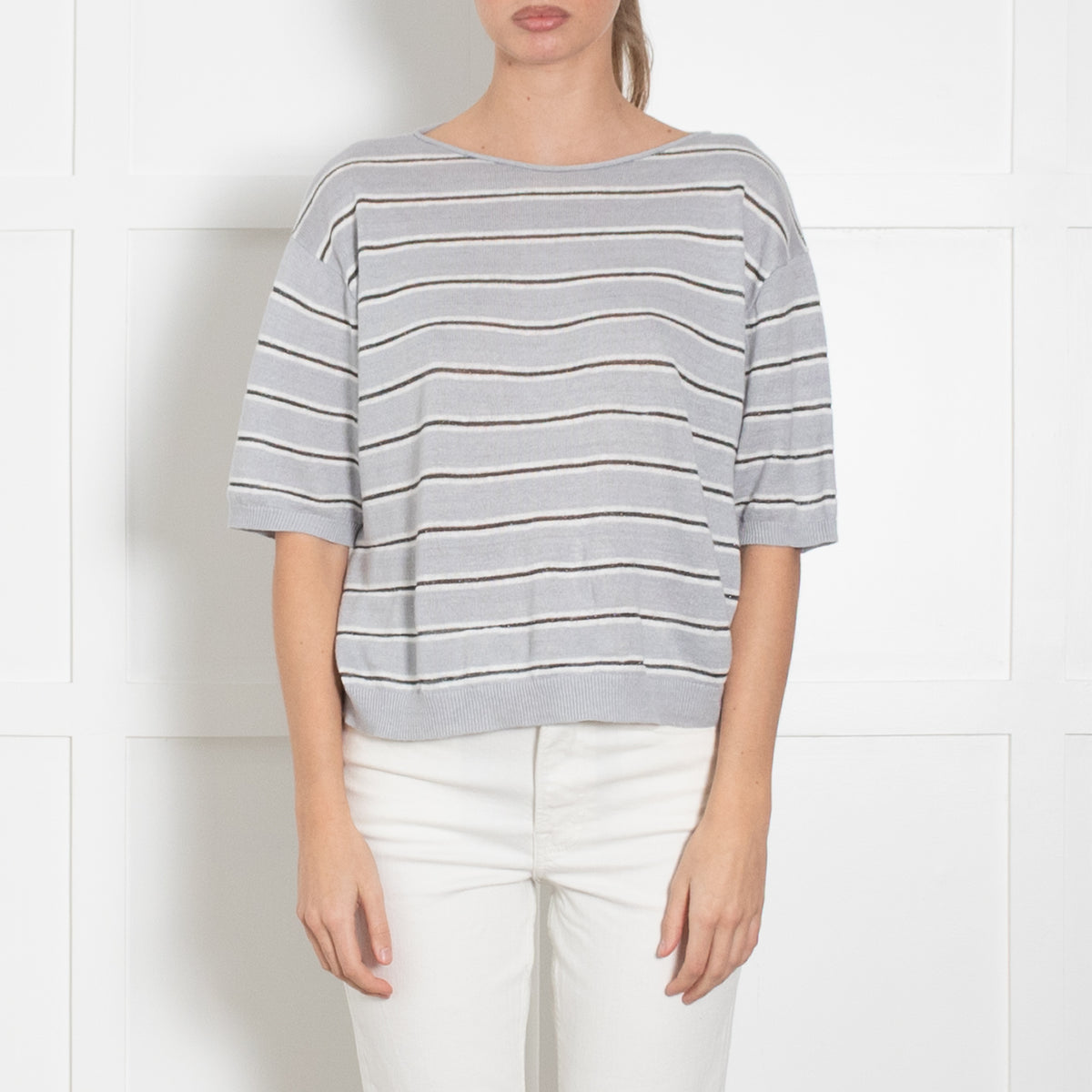 Luisa Cerano Grey & White Striped With Silver Lurex Thread Short Sleeve Linen Mix Top