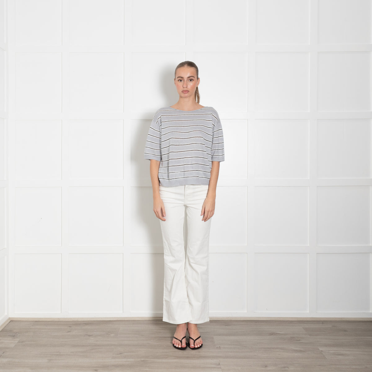 Luisa Cerano Grey & White Striped With Silver Lurex Thread Short Sleeve Linen Mix Top