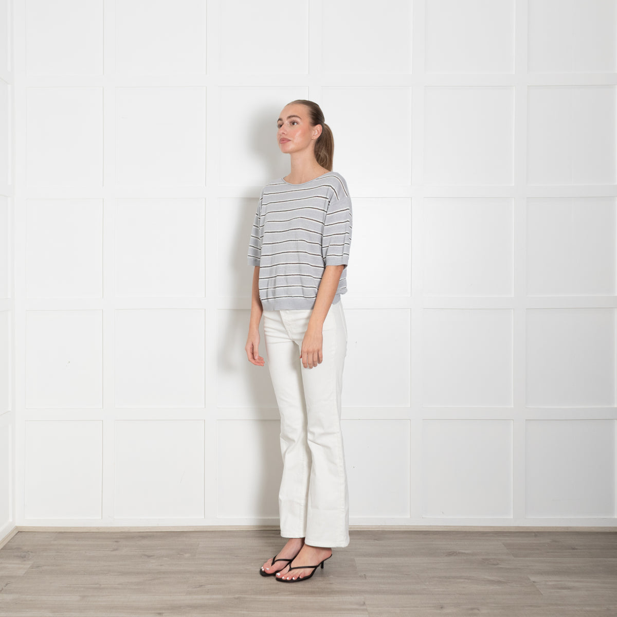 Luisa Cerano Grey & White Striped With Silver Lurex Thread Short Sleeve Linen Mix Top