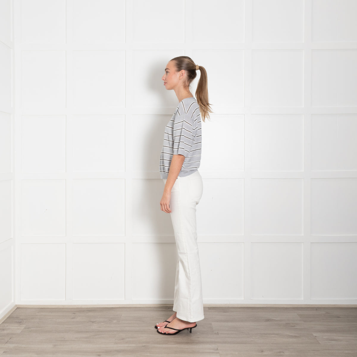Luisa Cerano Grey & White Striped With Silver Lurex Thread Short Sleeve Linen Mix Top