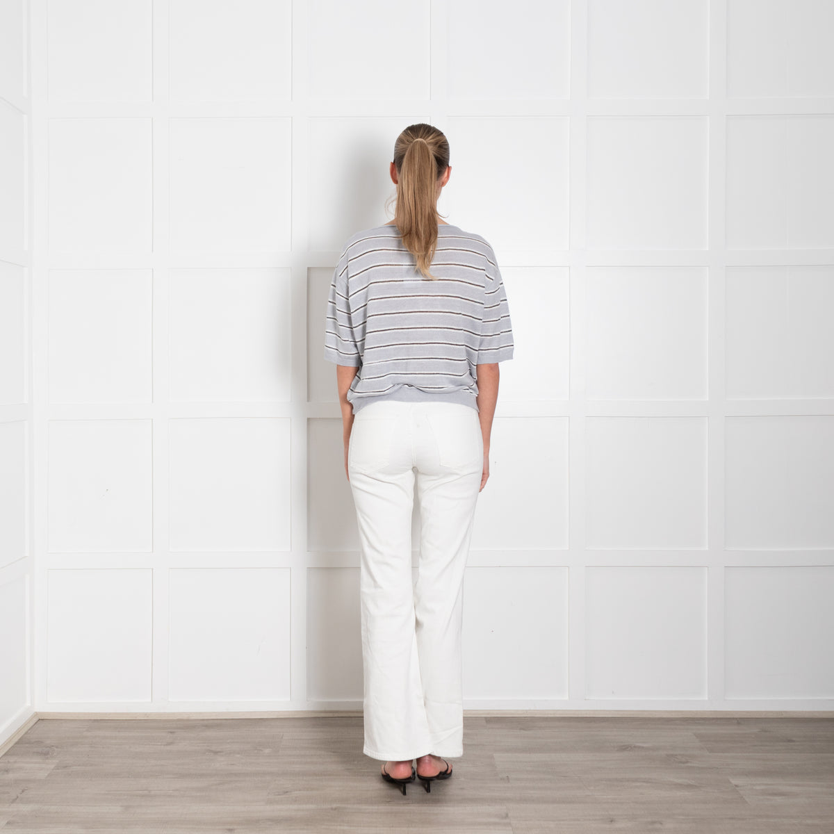 Luisa Cerano Grey & White Striped With Silver Lurex Thread Short Sleeve Linen Mix Top