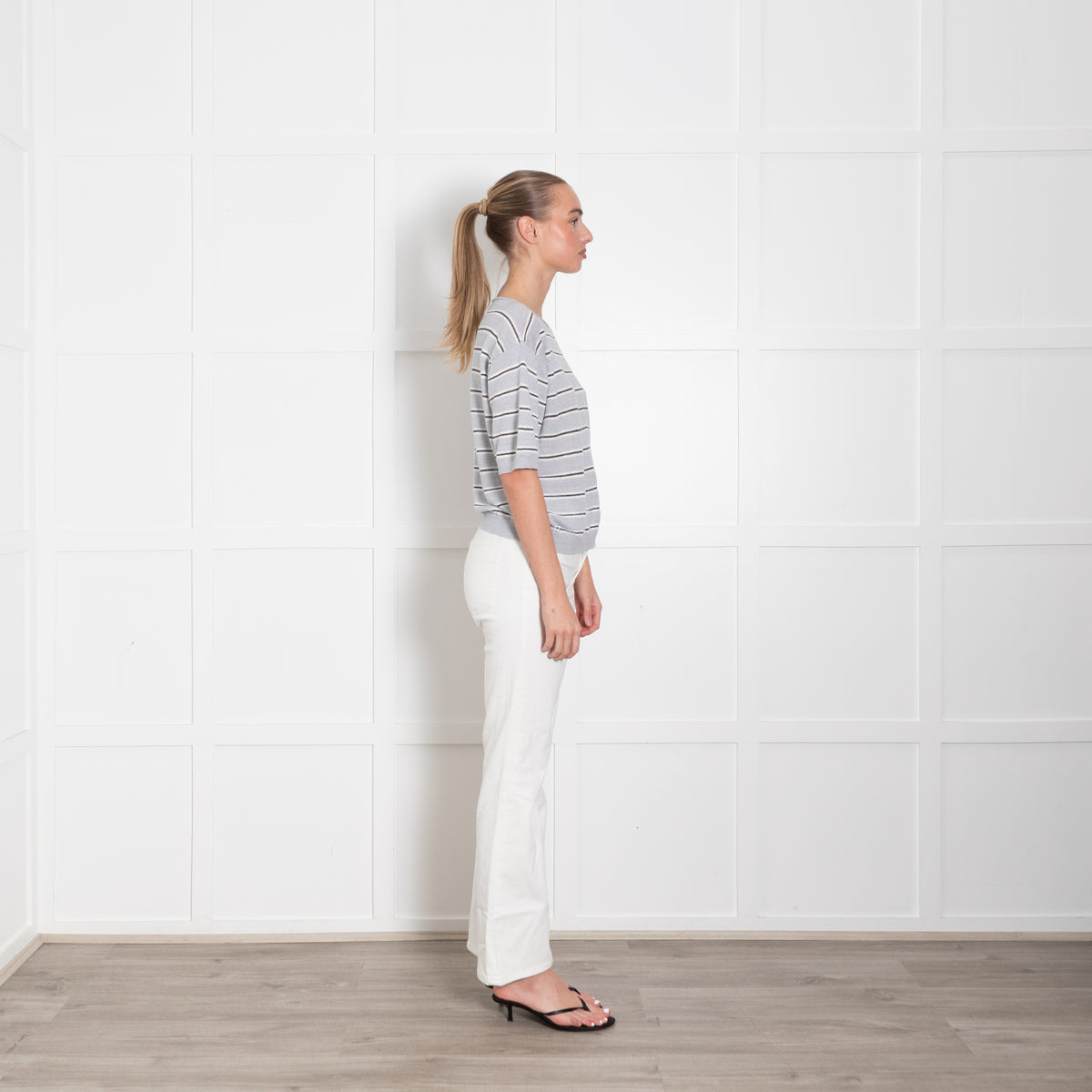Luisa Cerano Grey & White Striped With Silver Lurex Thread Short Sleeve Linen Mix Top