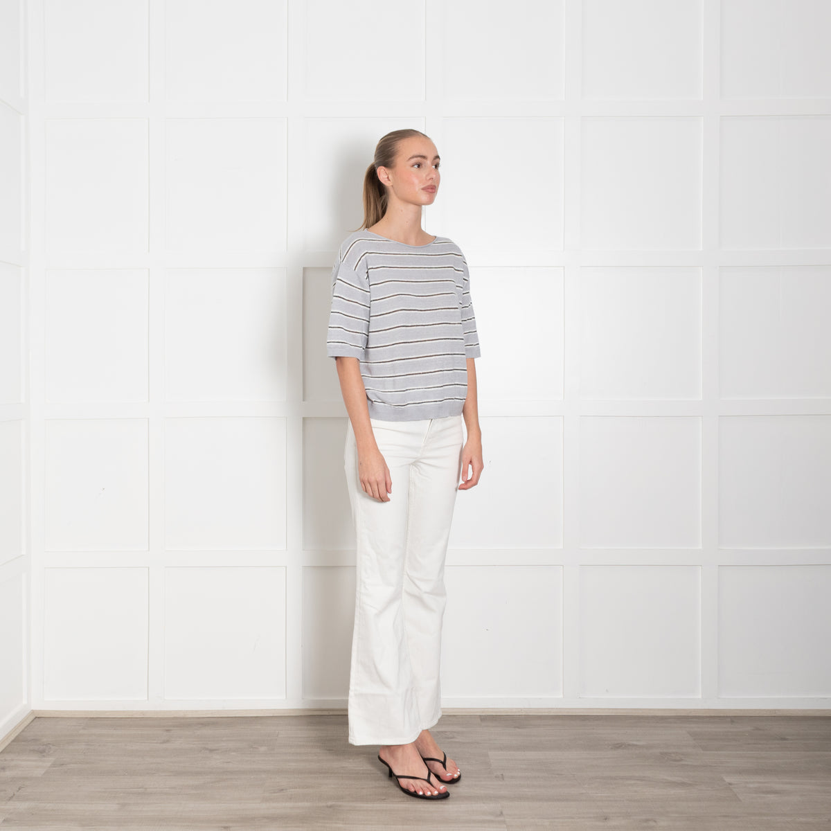 Luisa Cerano Grey & White Striped With Silver Lurex Thread Short Sleeve Linen Mix Top