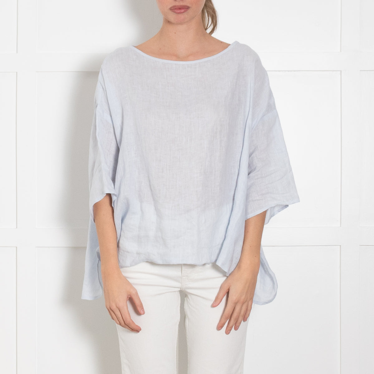 Eskandar Pale Blue Linen Oversized Short Sleeve Top