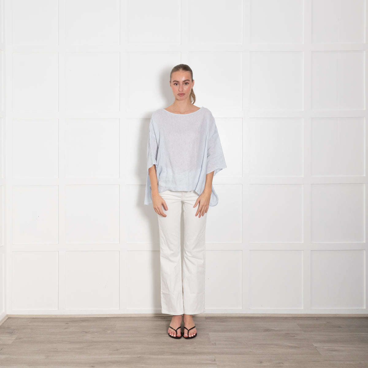Eskandar Pale Blue Linen Oversized Short Sleeve Top