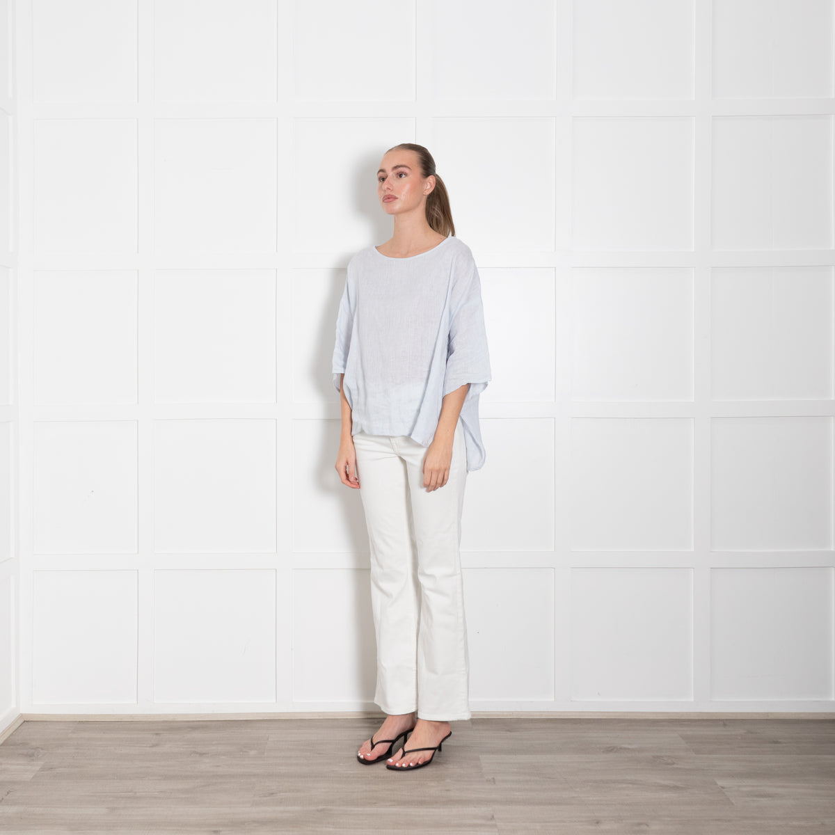 Eskandar Pale Blue Linen Oversized Short Sleeve Top