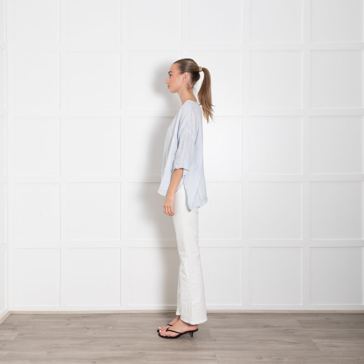 Eskandar Pale Blue Linen Oversized Short Sleeve Top