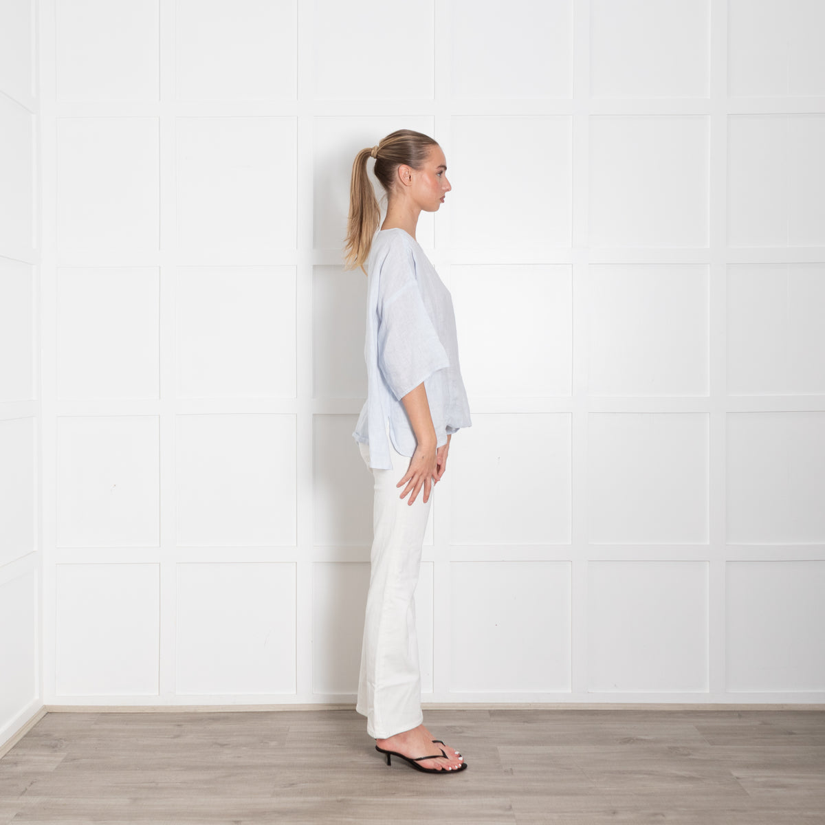 Eskandar Pale Blue Linen Oversized Short Sleeve Top