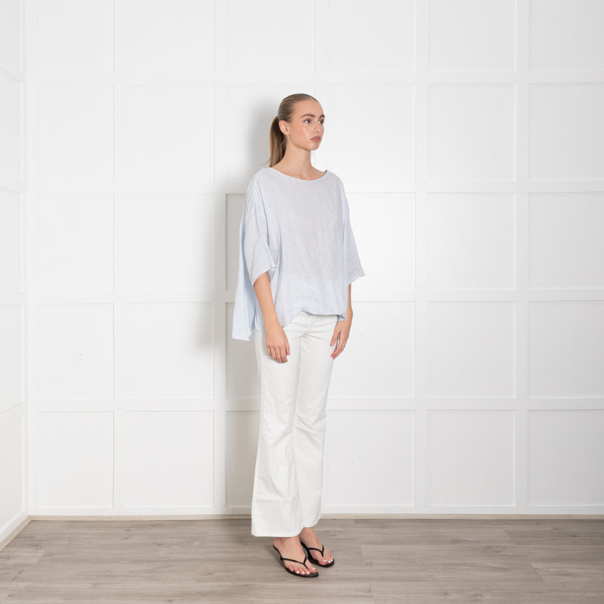 Eskandar Pale Blue Linen Oversized Short Sleeve Top