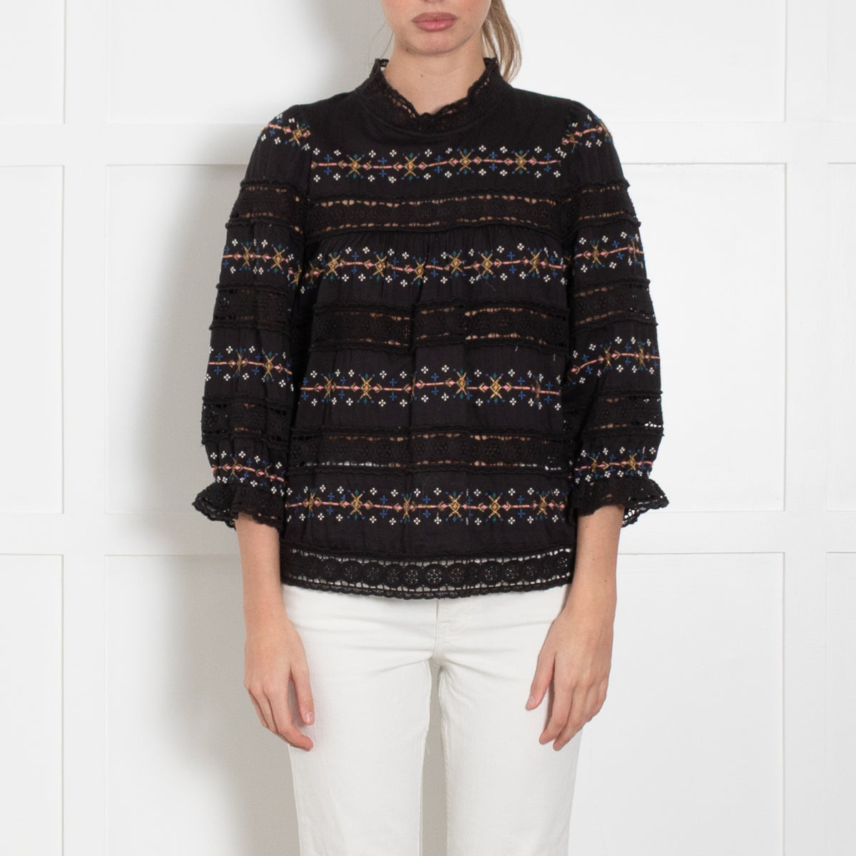 Wyse Black Blouse With Emproidered And Crochet Panels
