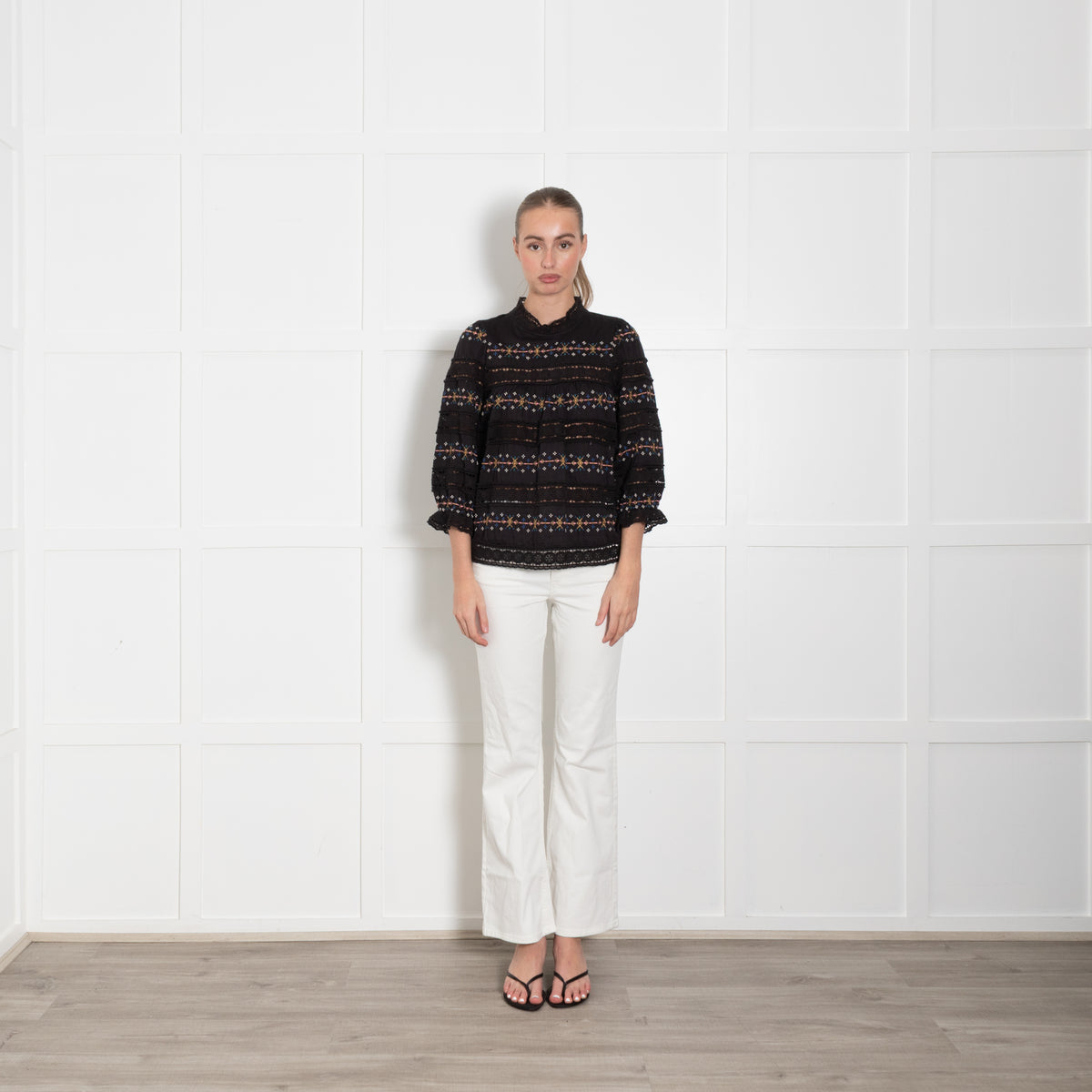 Wyse Black Blouse With Emproidered And Crochet Panels