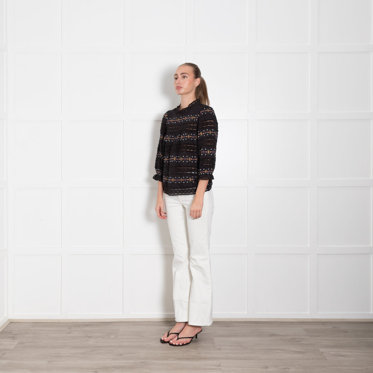 Wyse Black Blouse With Emproidered And Crochet Panels
