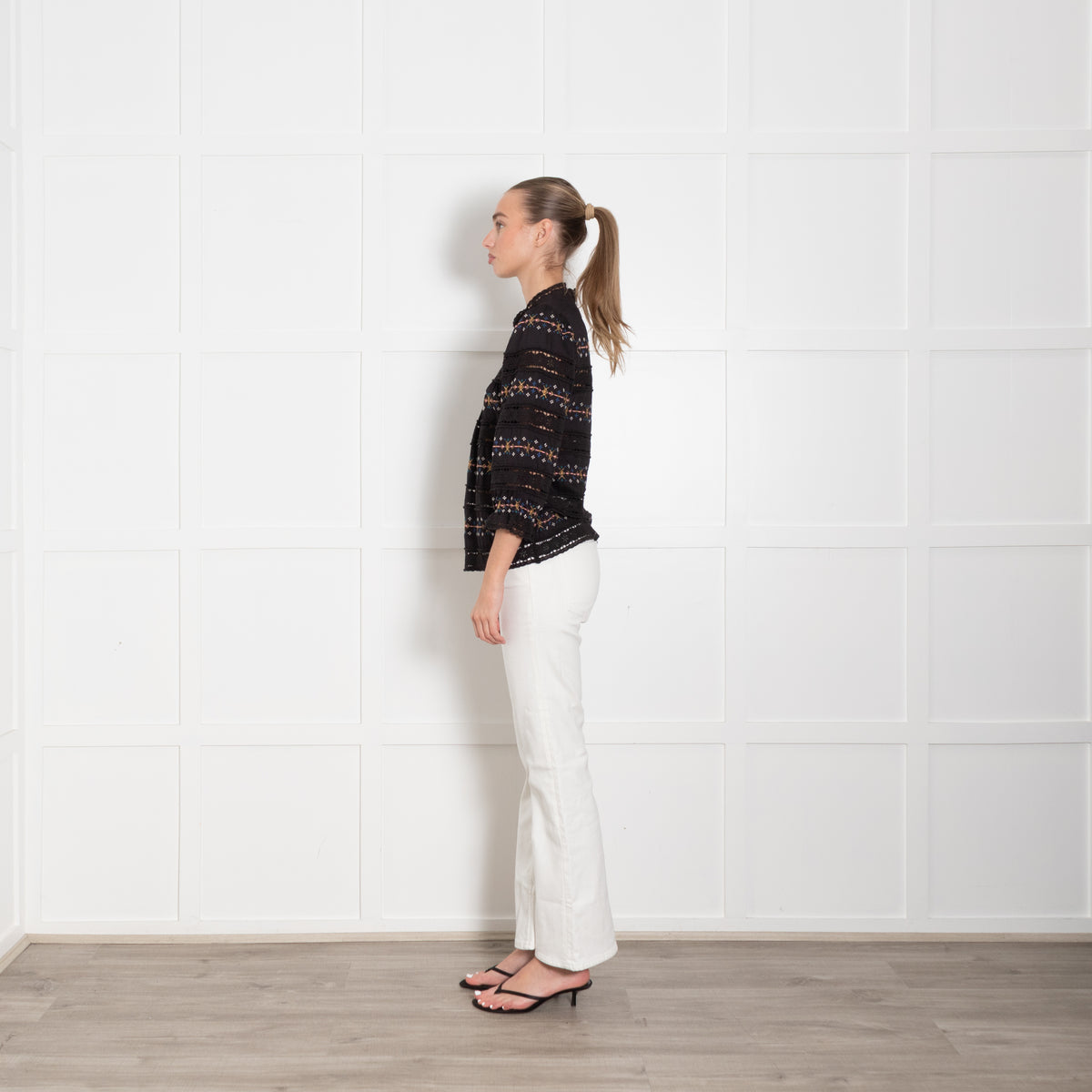 Wyse Black Blouse With Emproidered And Crochet Panels
