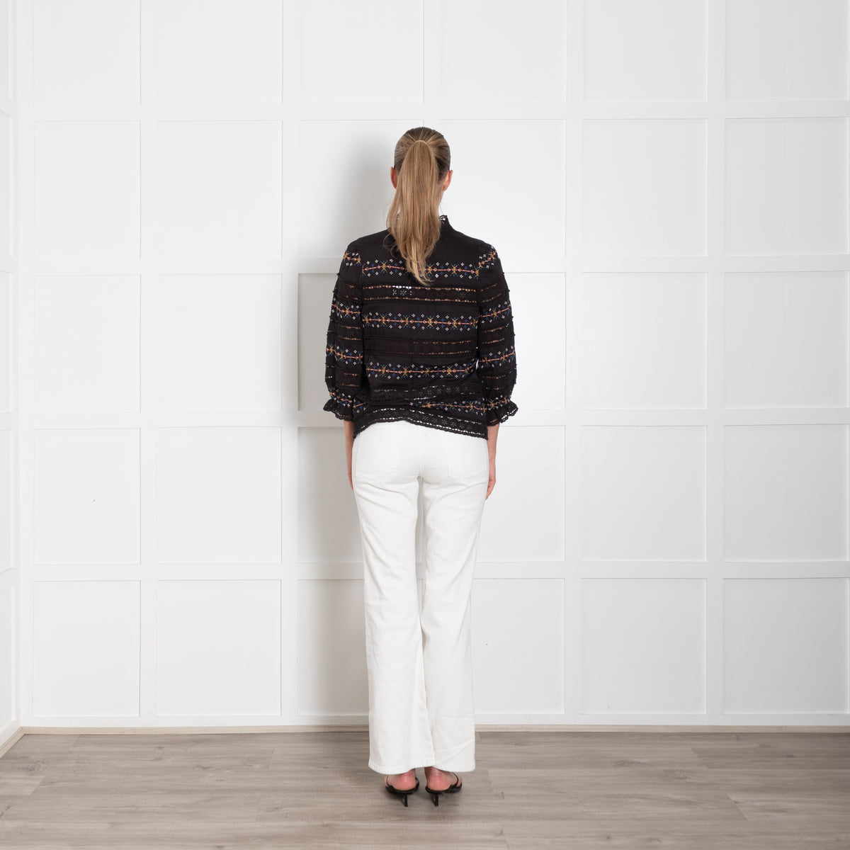 Wyse Black Blouse With Emproidered And Crochet Panels