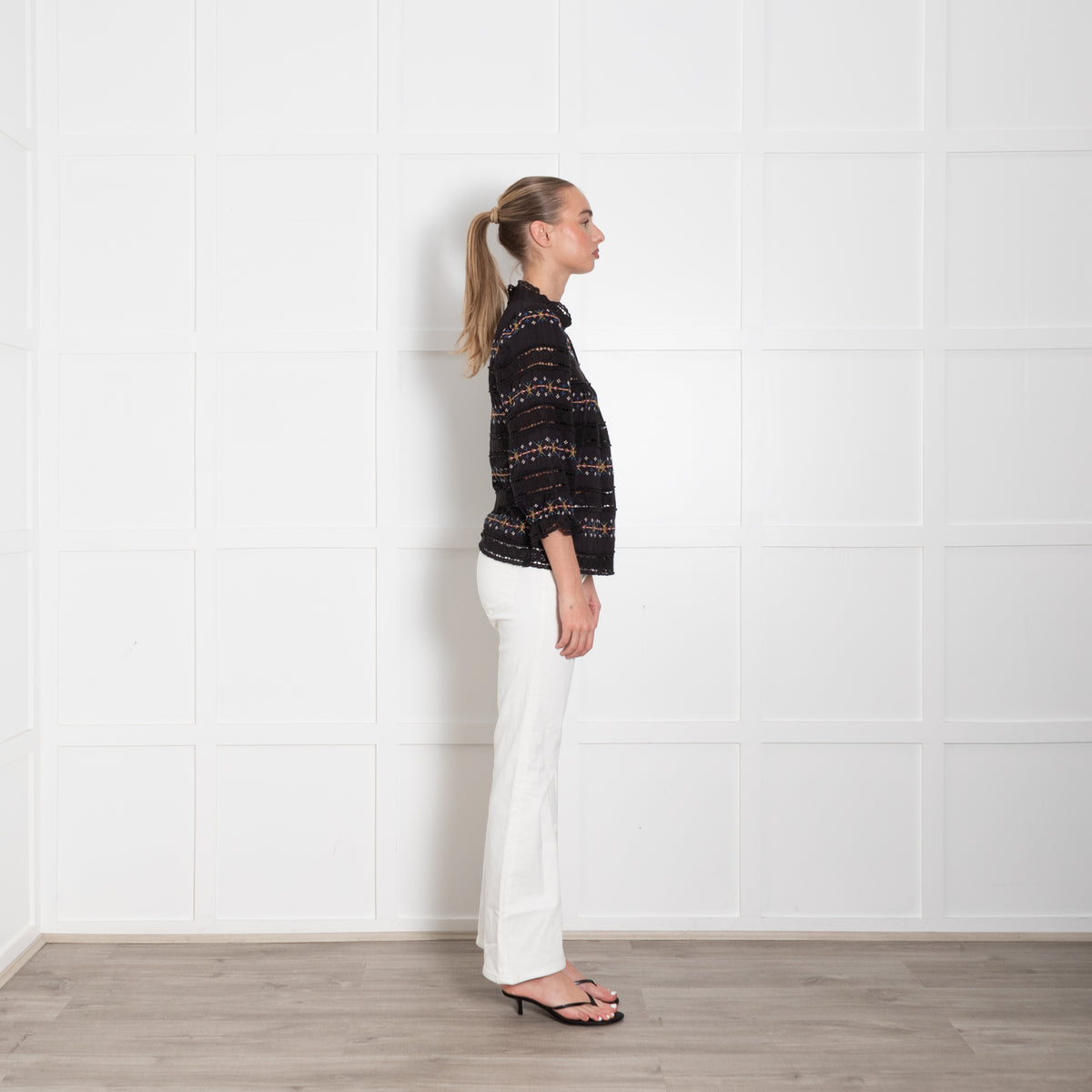 Wyse Black Blouse With Emproidered And Crochet Panels