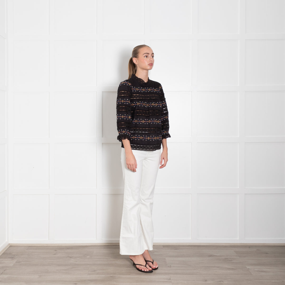 Wyse Black Blouse With Emproidered And Crochet Panels