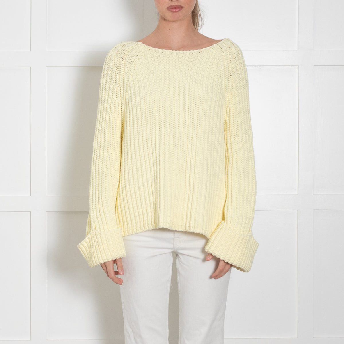 Me + Em Pale Yellow Cotton Mix Cable Knit Jumper With Large Cuffs