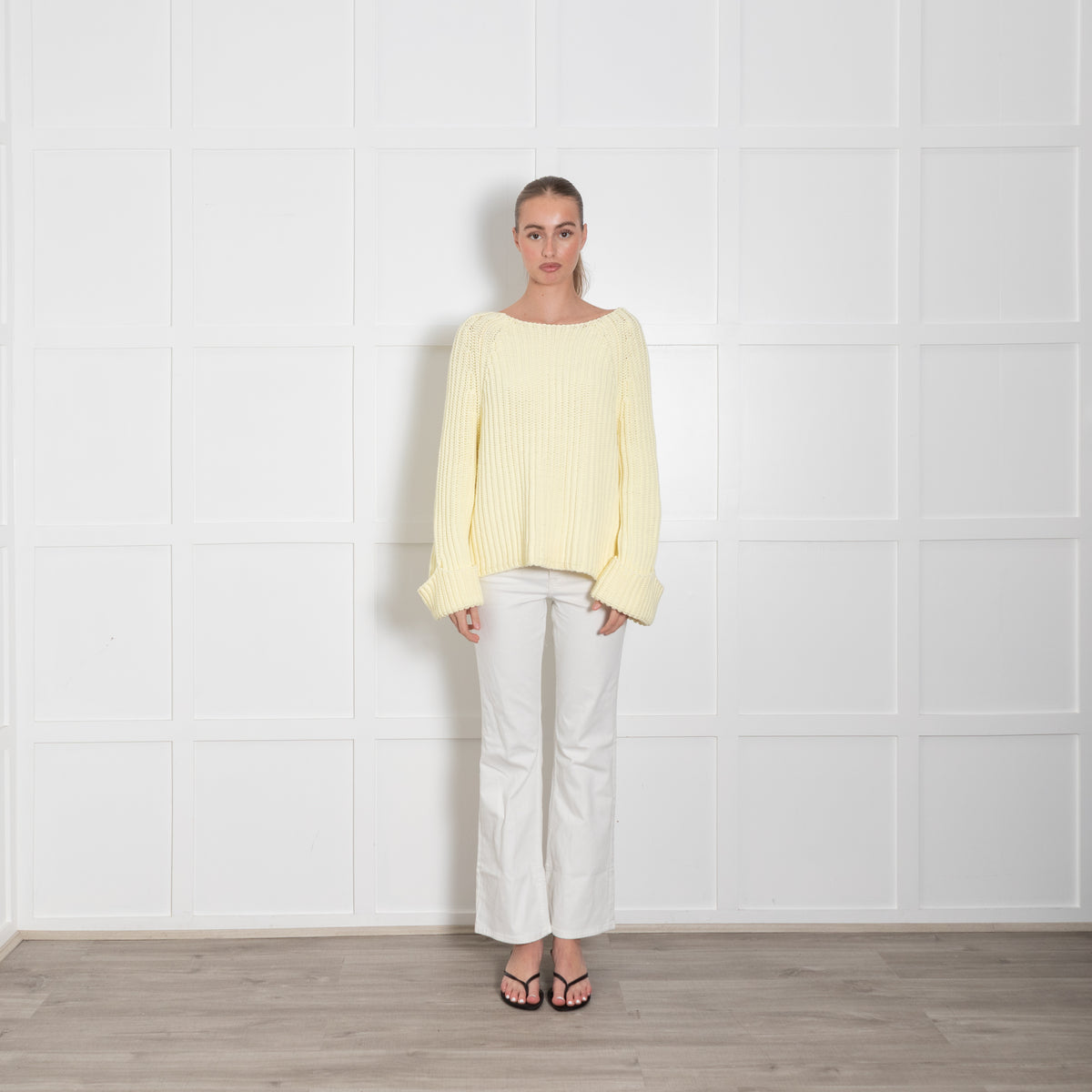 Me + Em Pale Yellow Cotton Mix Cable Knit Jumper With Large Cuffs
