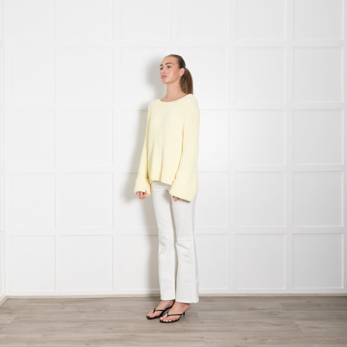 Me + Em Pale Yellow Cotton Mix Cable Knit Jumper With Large Cuffs