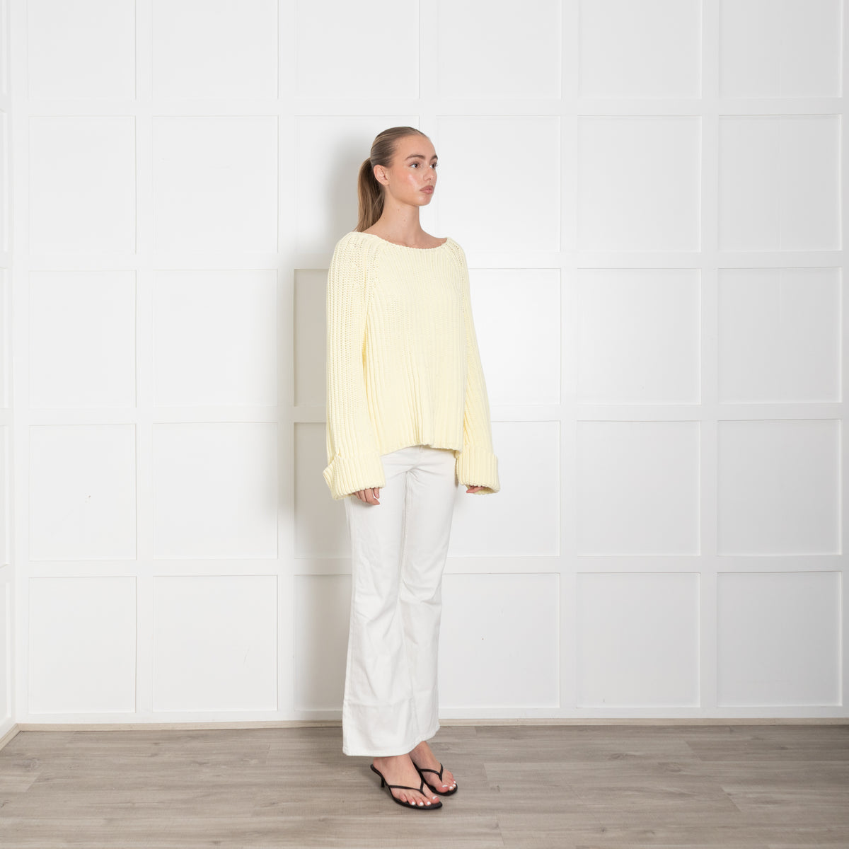 Me + Em Pale Yellow Cotton Mix Cable Knit Jumper With Large Cuffs