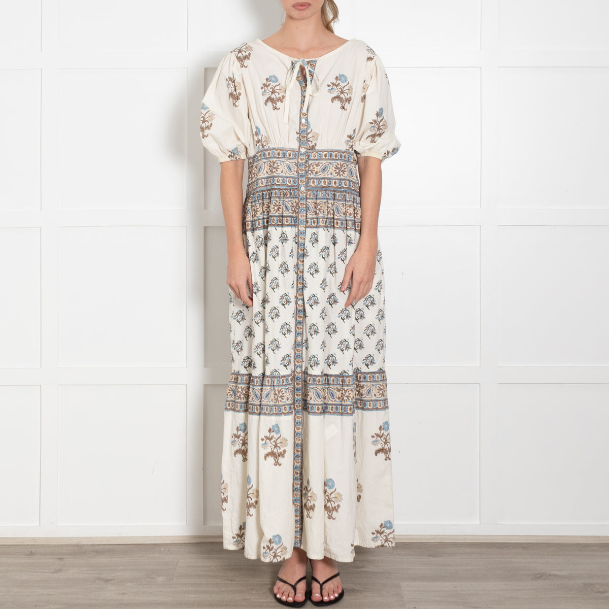 Hannah Artwear Camilla White Blue Brown Hand Block Printed Dress