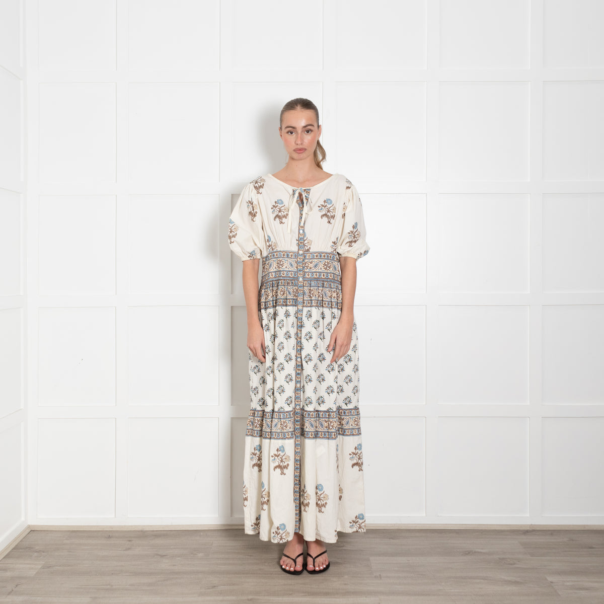 Hannah Artwear Camilla White Blue Brown Hand Block Printed Dress