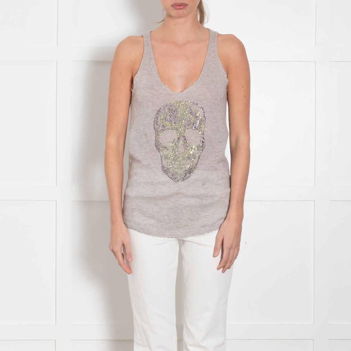 Zadig & Voltaire Preloved Grey Diamante Skull Sleeveless Cashmere Vest