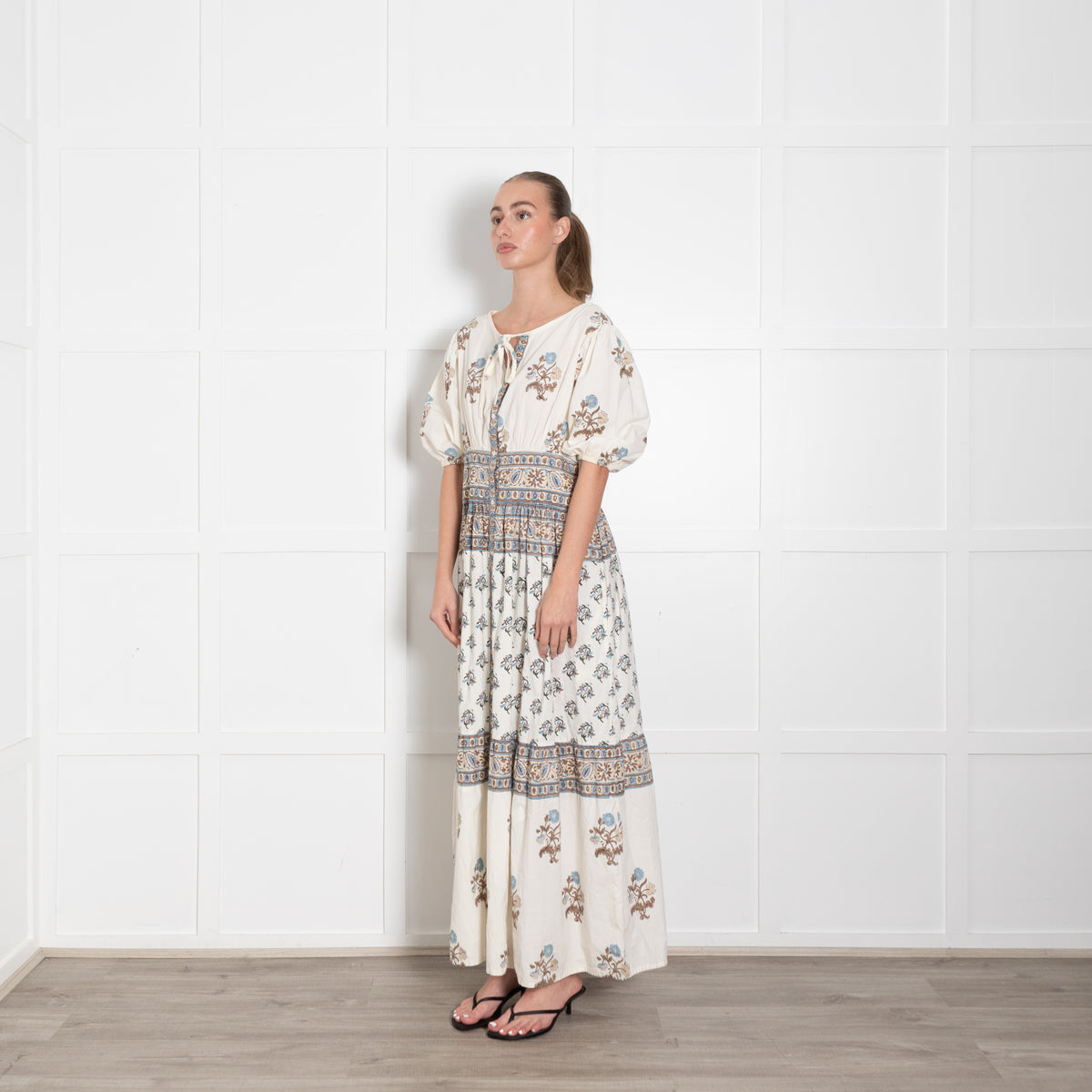 Hannah Artwear Camilla White Blue Brown Hand Block Printed Dress