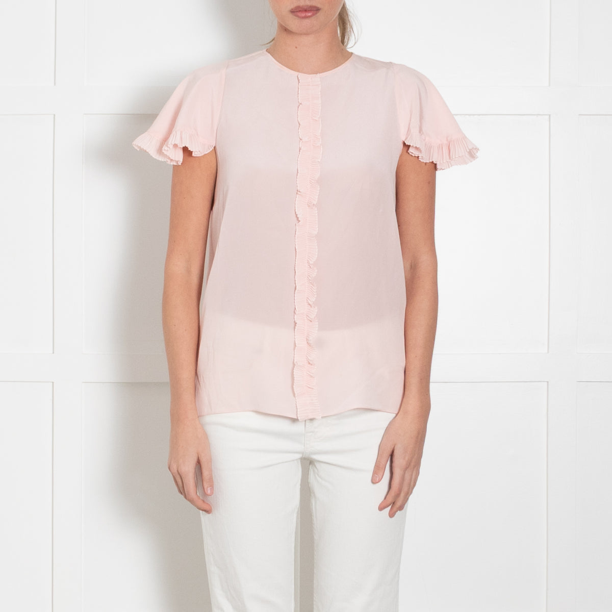 Rochas Pink Frill Trim Cap Sleeve Silk Top