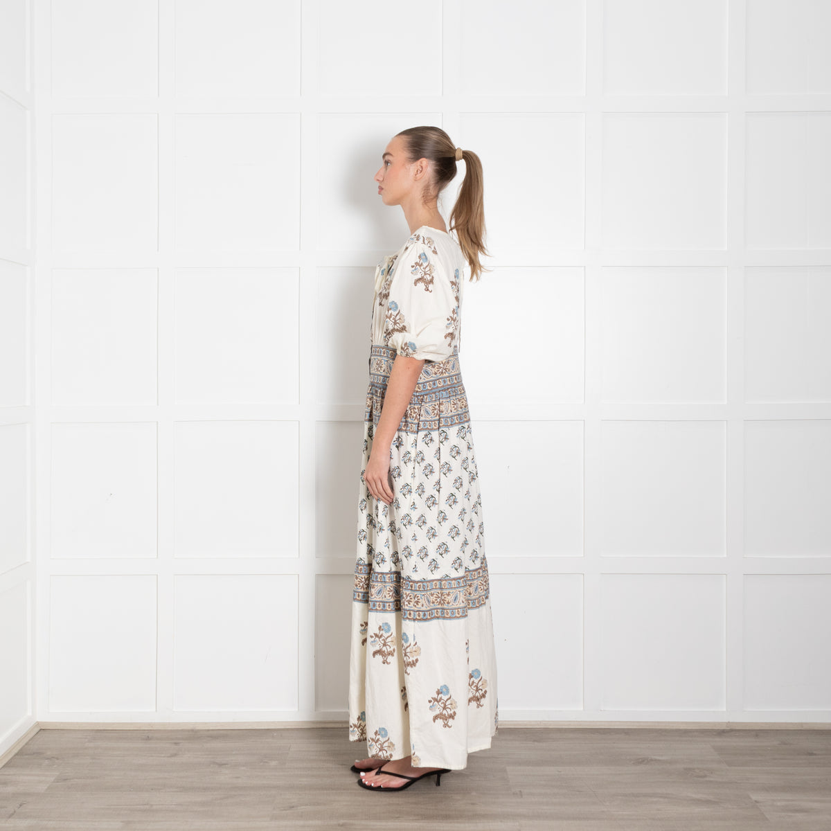 Hannah Artwear Camilla White Blue Brown Hand Block Printed Dress