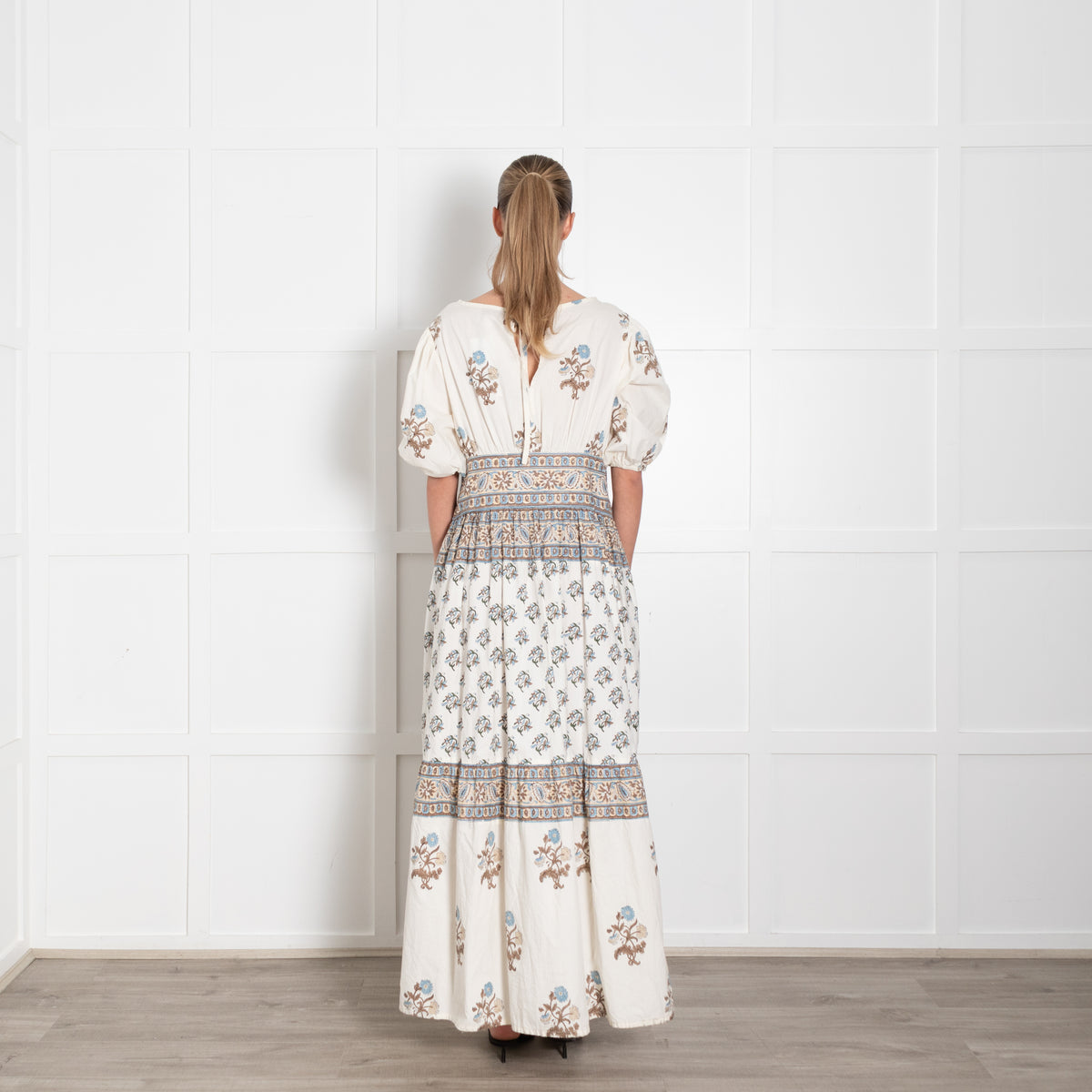 Hannah Artwear Camilla White Blue Brown Hand Block Printed Dress