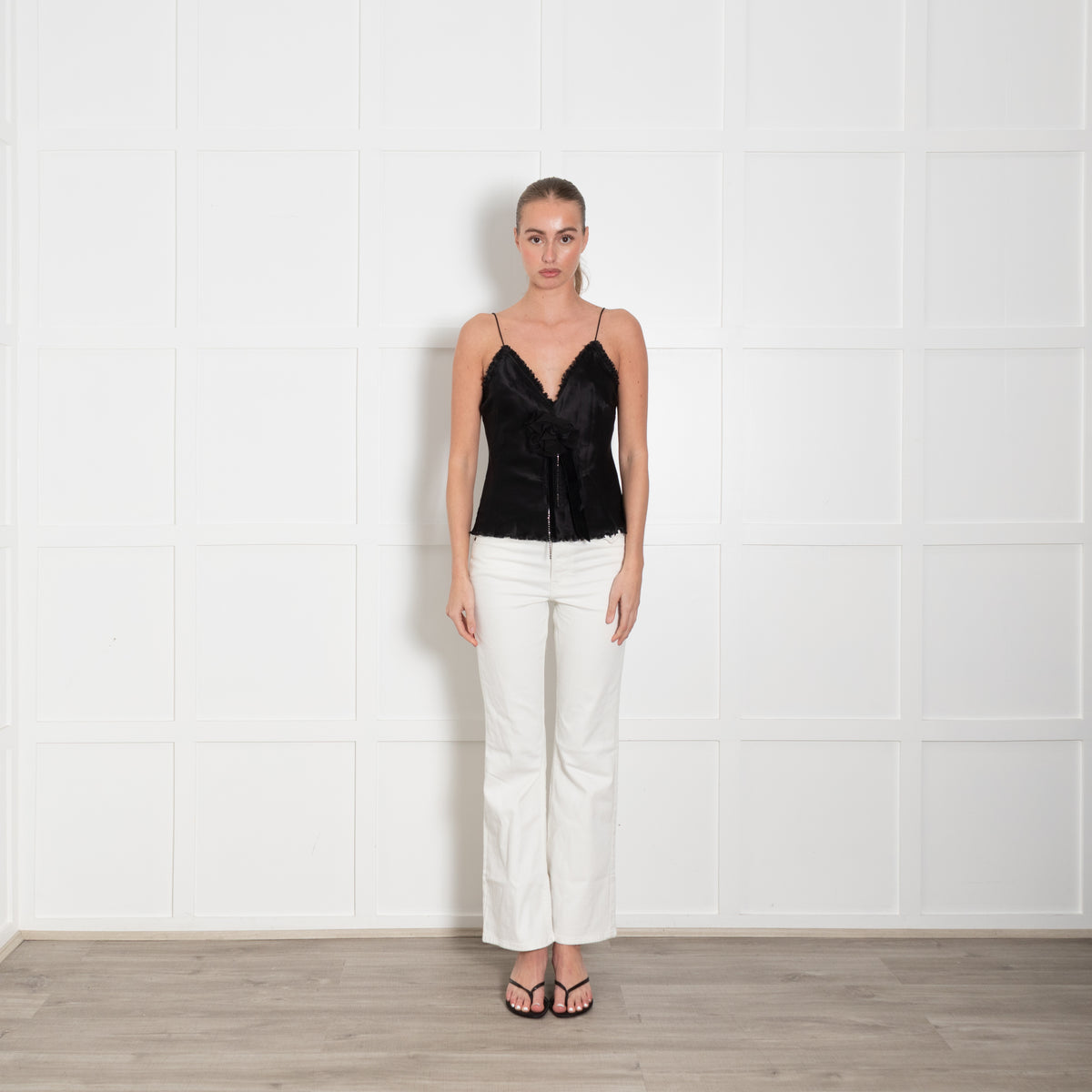 LoveShackFancy Black Silk Satin Rose Camisole