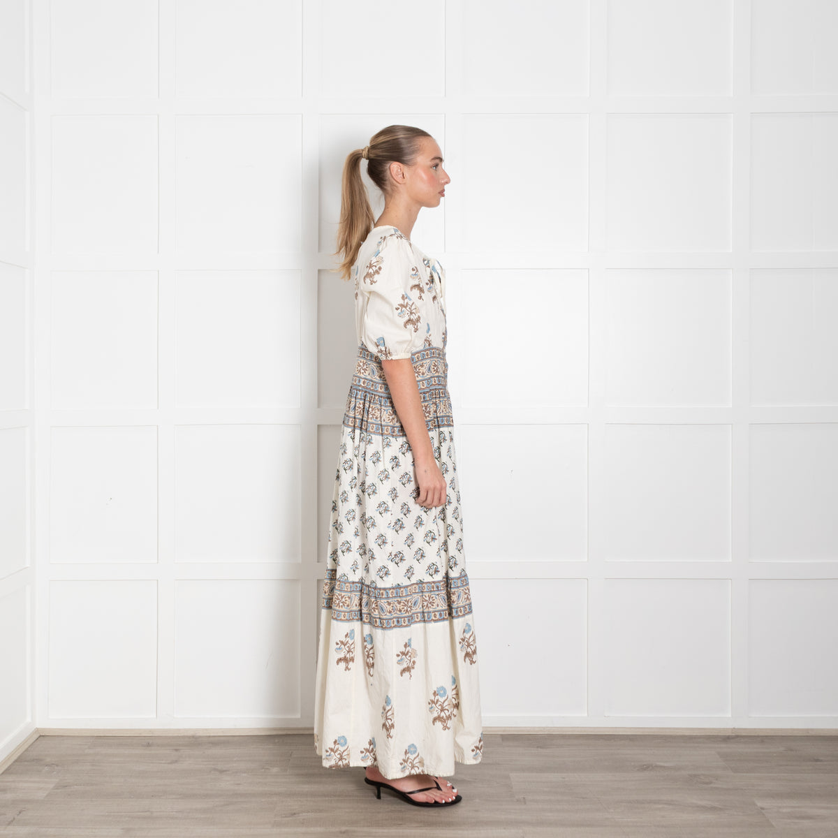 Hannah Artwear Camilla White Blue Brown Hand Block Printed Dress