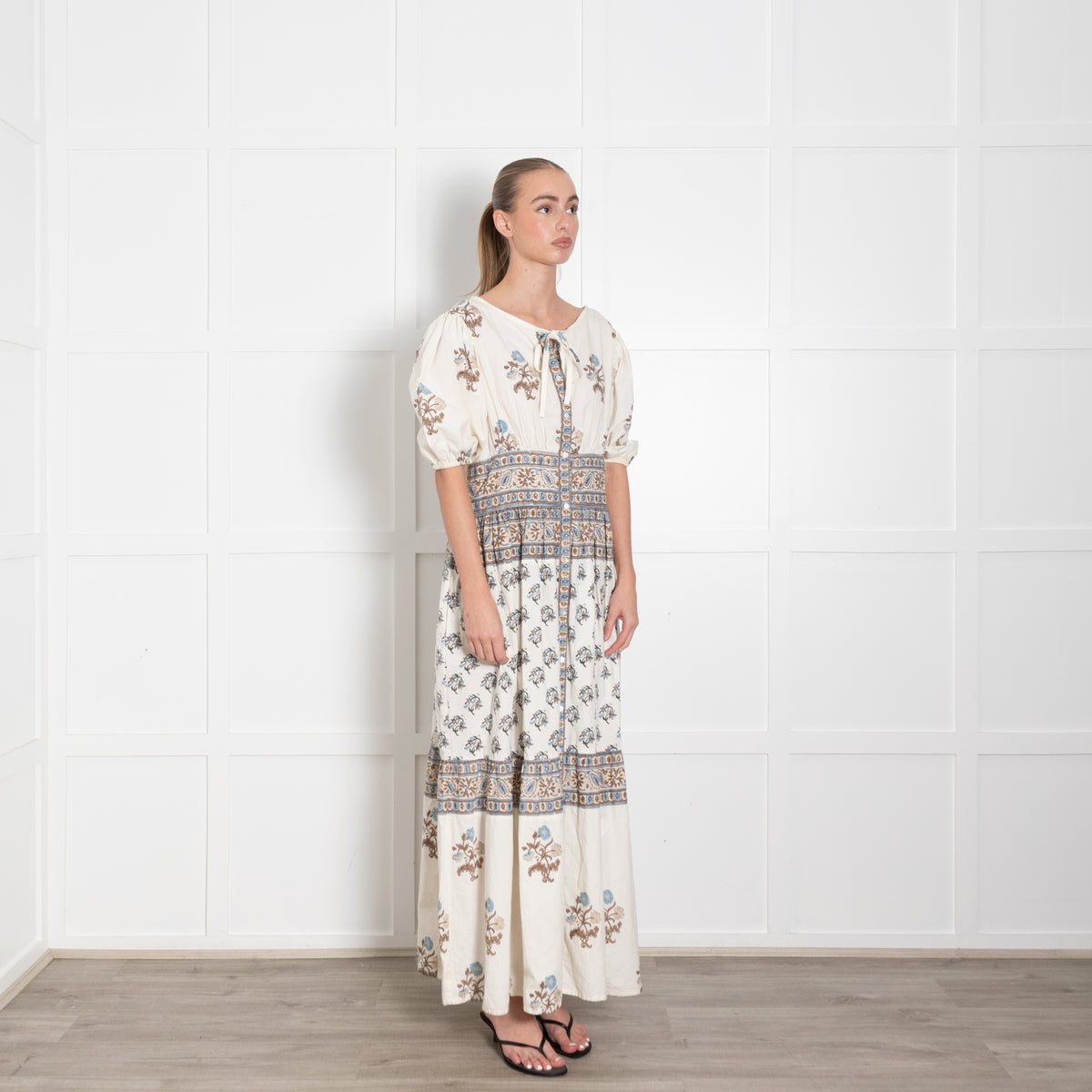 Hannah Artwear Camilla White Blue Brown Hand Block Printed Dress