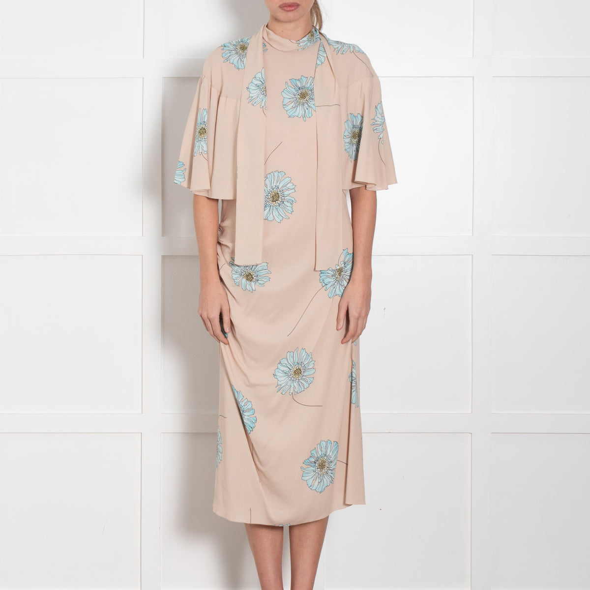 Prada Nude Draped Midi Dress with Flowing Shoulders and Blue Blue Gerbera Motif