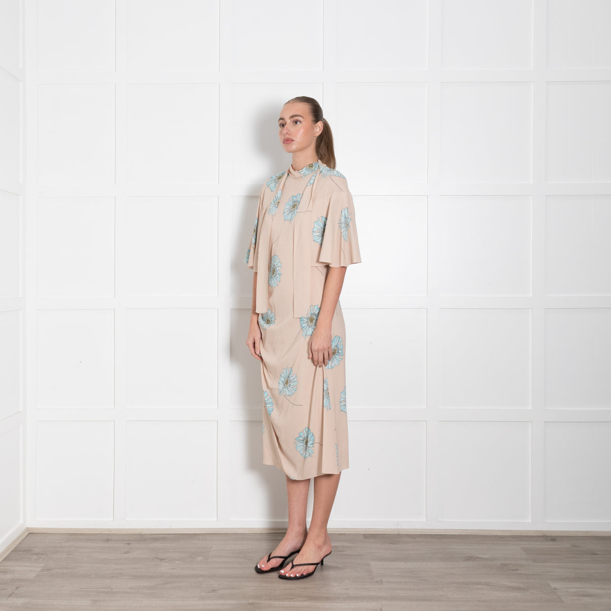 Prada Nude Draped Midi Dress with Flowing Shoulders and Blue Blue Gerbera Motif