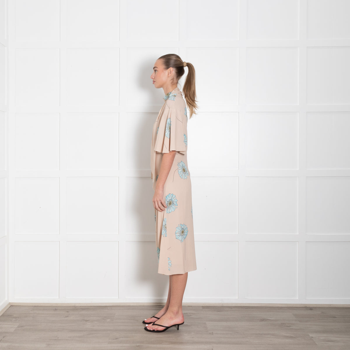 Prada Nude Draped Midi Dress with Flowing Shoulders and Blue Blue Gerbera Motif