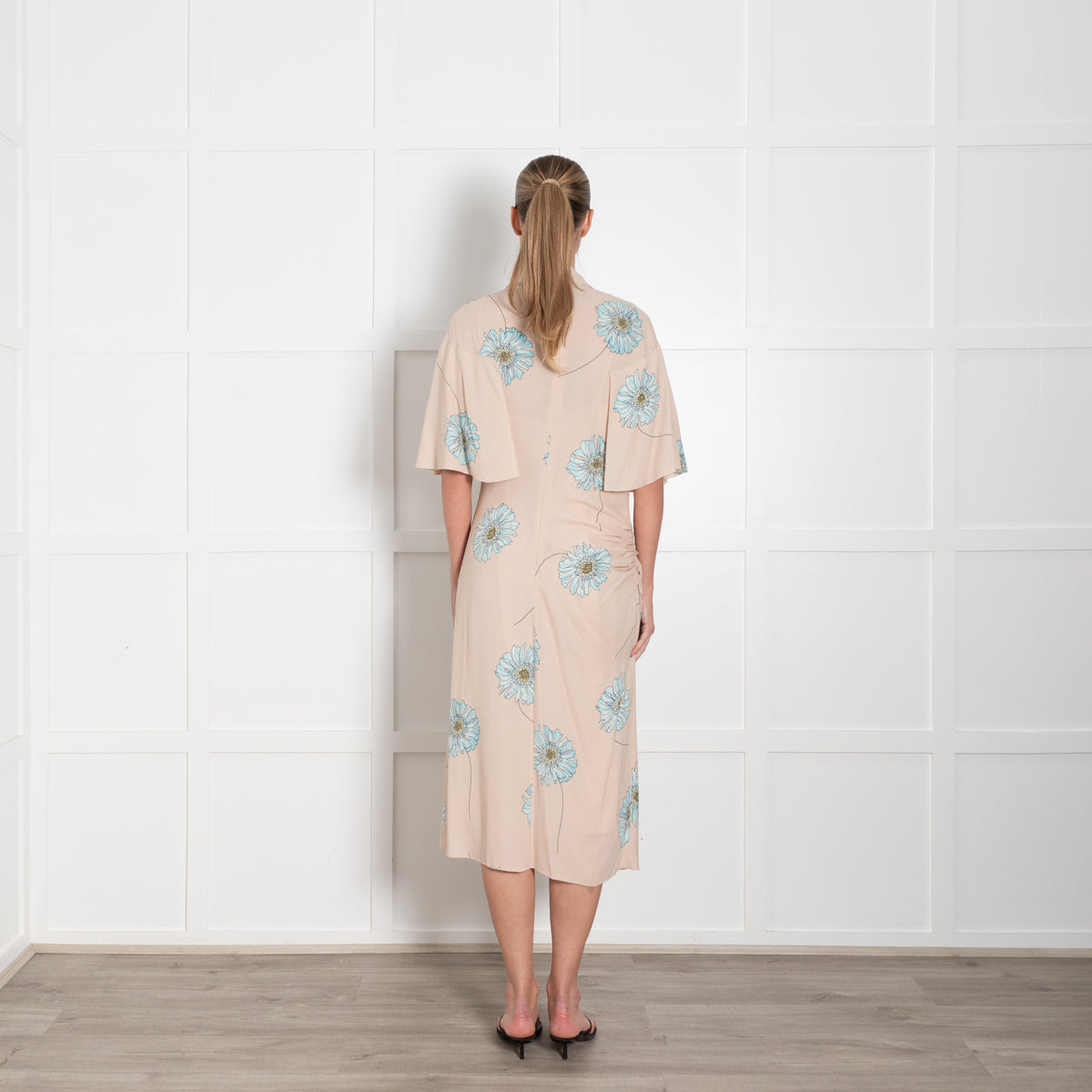 Prada Nude Draped Midi Dress with Flowing Shoulders and Blue Blue Gerbera Motif