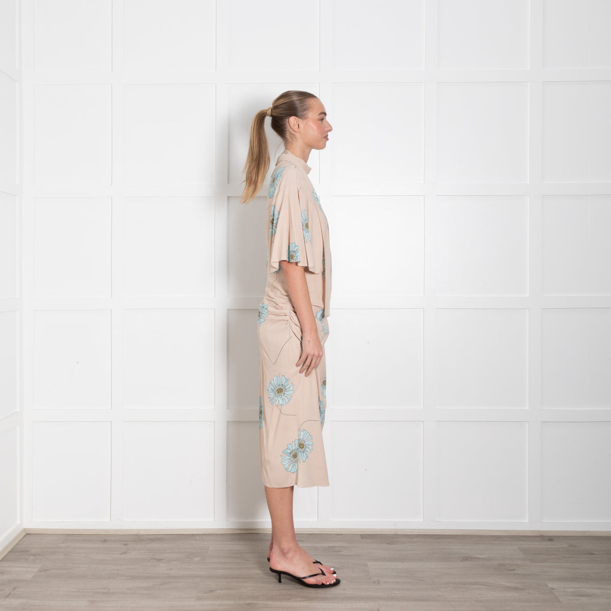 Prada Nude Draped Midi Dress with Flowing Shoulders and Blue Blue Gerbera Motif
